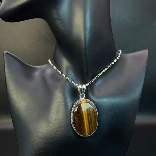.925 Sterling Silver Tiger's Eye Oval Pendant #2