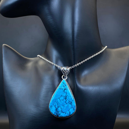 .925 Sterling Silver Tibetan Turquoise Teardrop Pendant #1