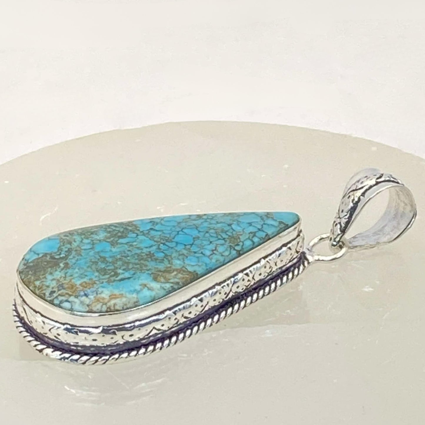 .925 Sterling Silver Tibetan Turquoise Teardrop Pendant #5 - Large